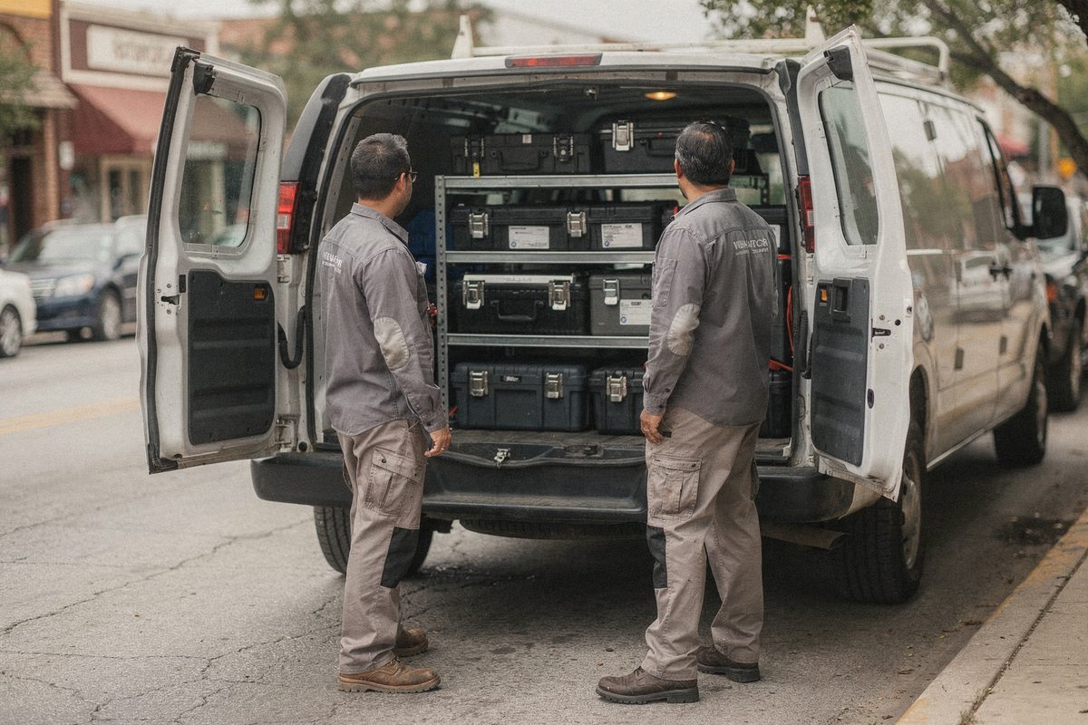 Two technicians standing at the back of a loaded service van on an Austin street